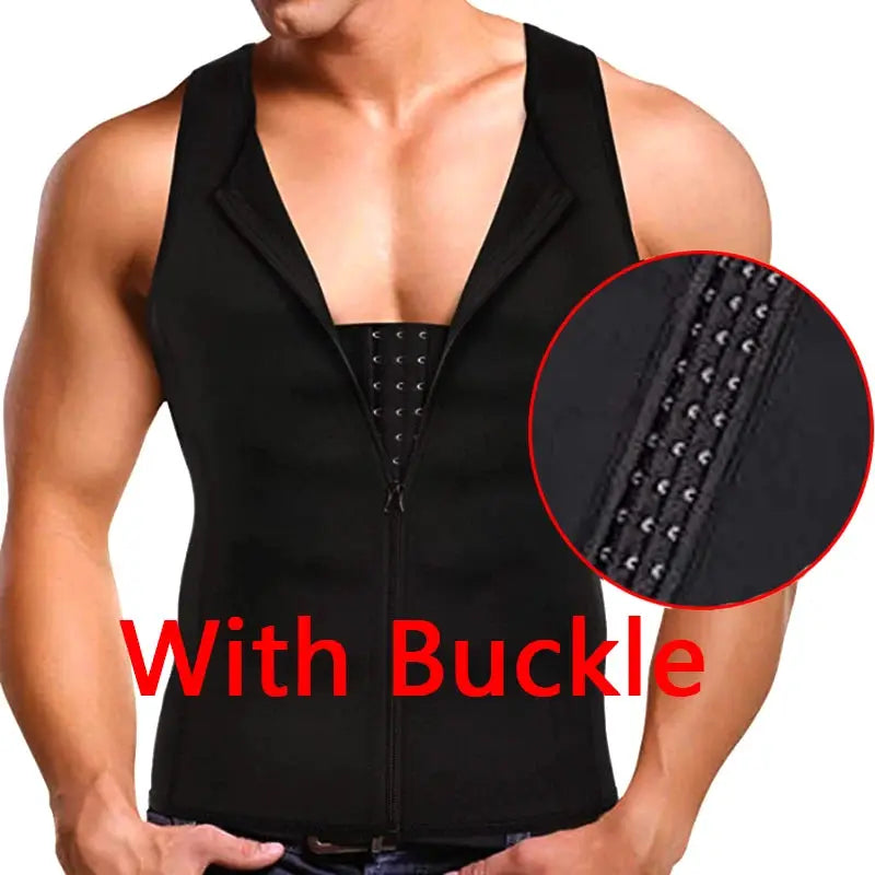 Men's slimming corset vest shapewear in black with front zipper and hook closure for compression