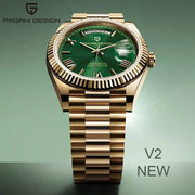 Pagani Design DD36 gold-tone watch with green dial, day/date window, automatic movement