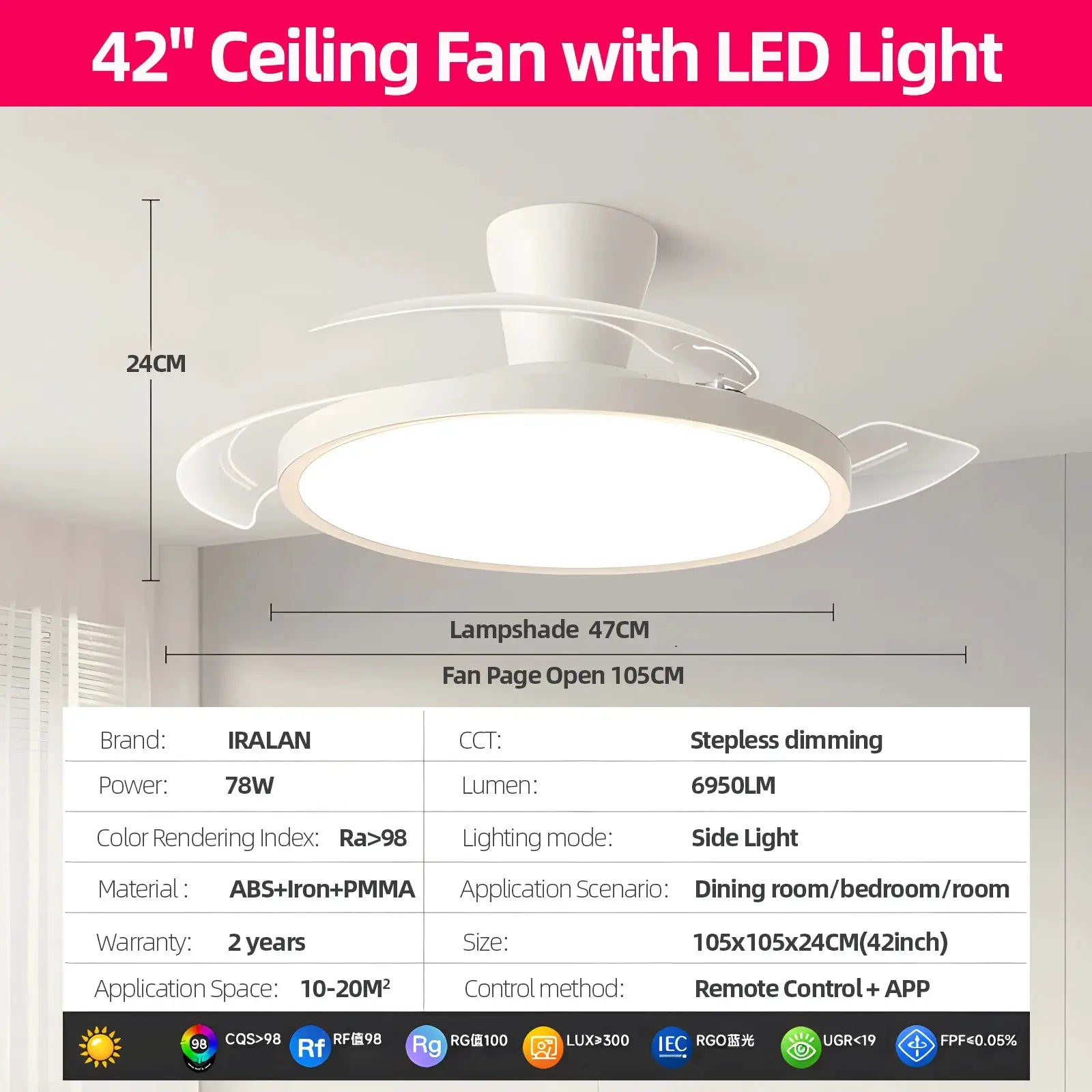 IRALAN ceiling fan with LED light, 42-inch white finish, by Simples Market, remote-controlled for bedroom/dining room