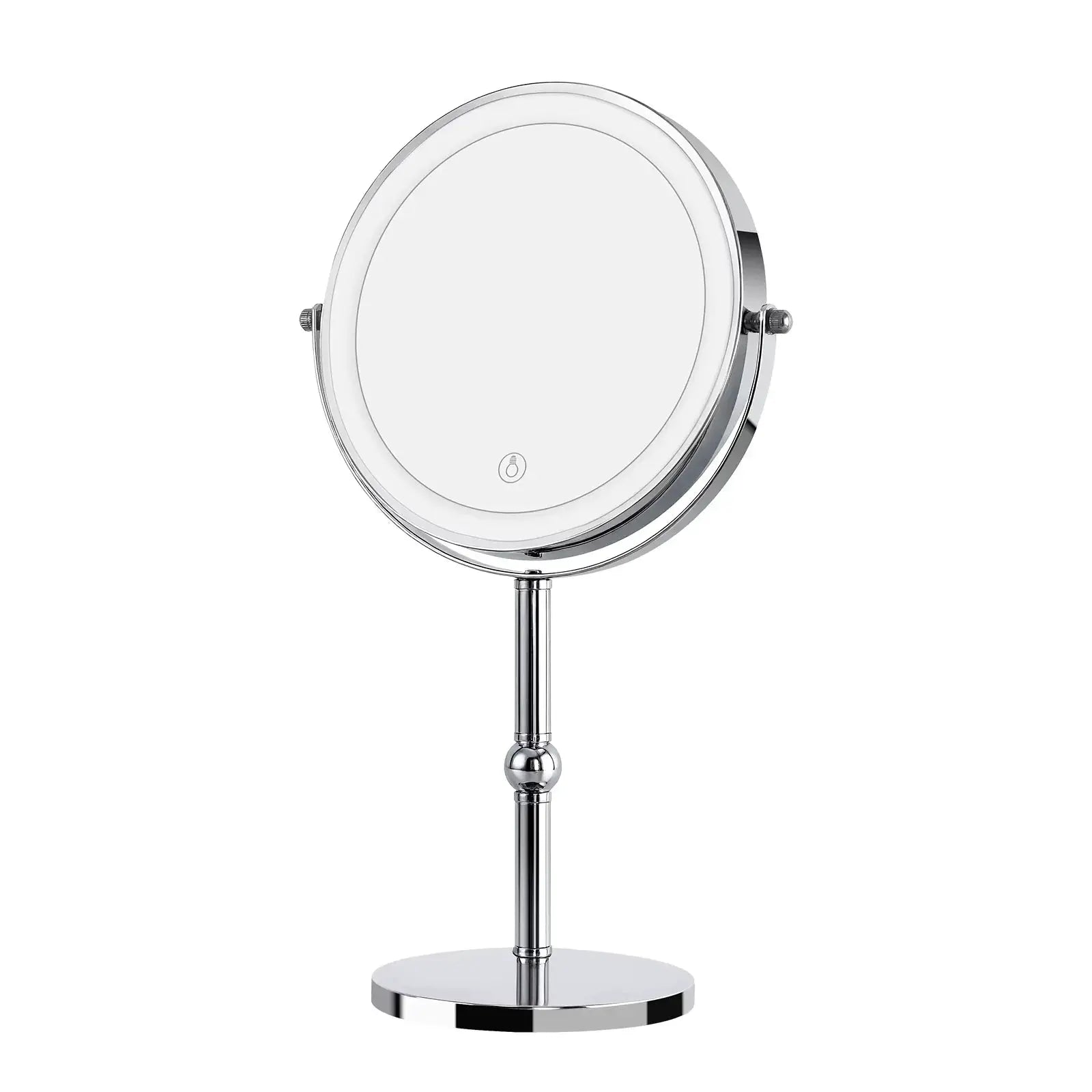 Lighted makeup mirror on chrome stand with round base