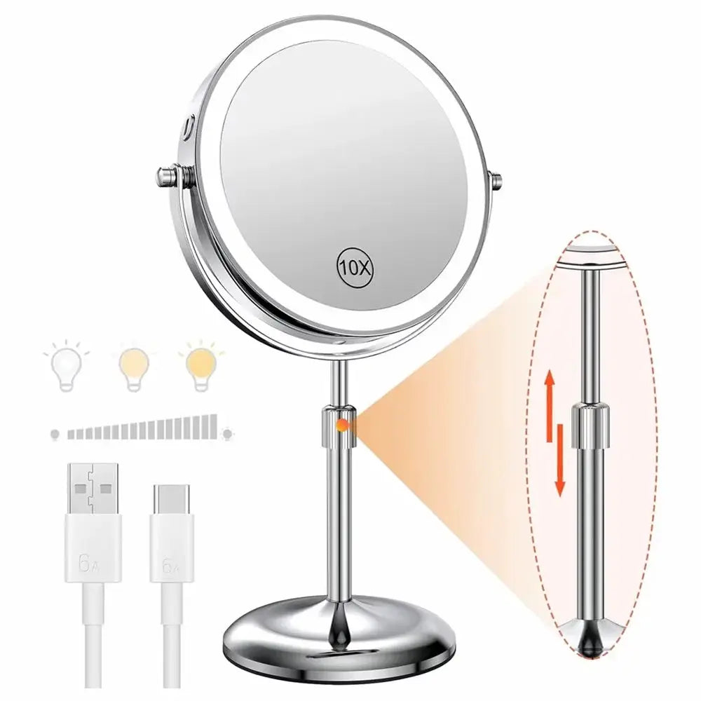 Simples Market lighted makeup mirror with 1x/10x magnification, chrome tabletop vanity with touch control and rechargeable power.
