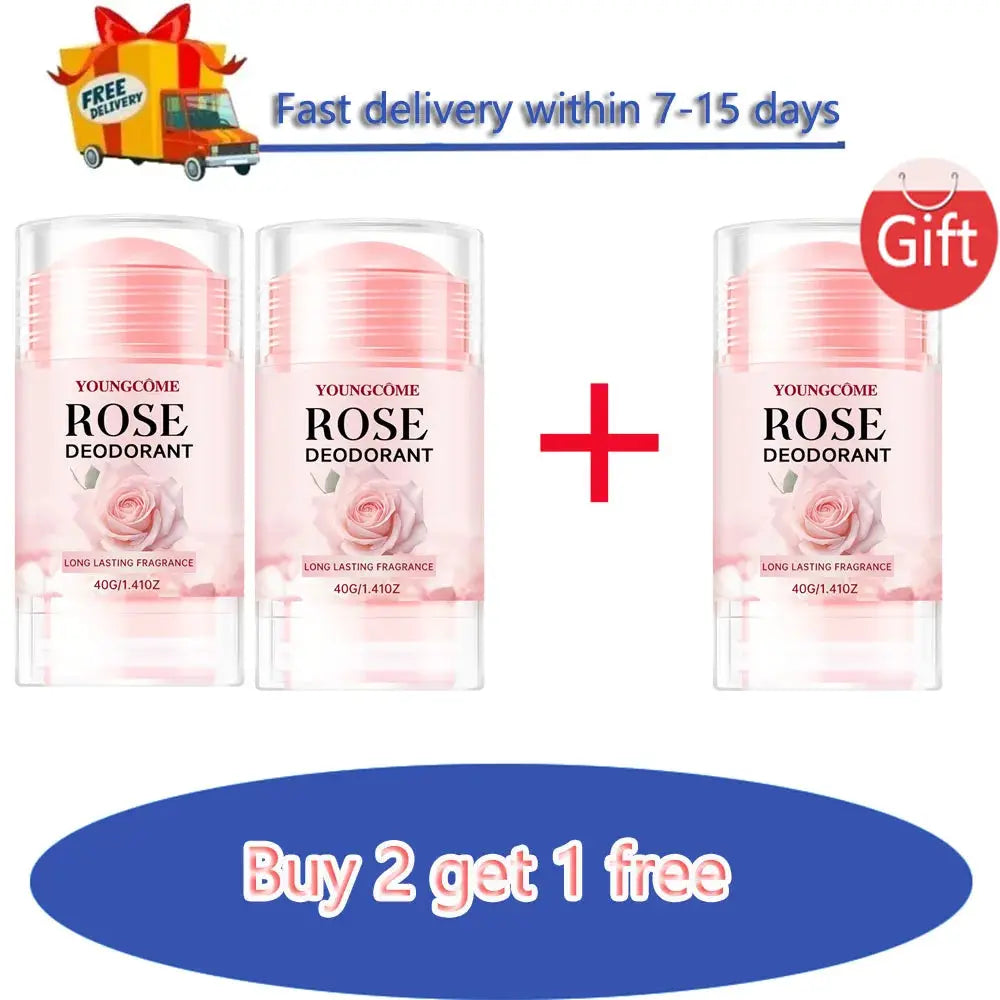 Youngcome Rose Deodorant sticks in pink packaging; long-lasting fragrance, 3-pack Buy 2 Get 1 Free.