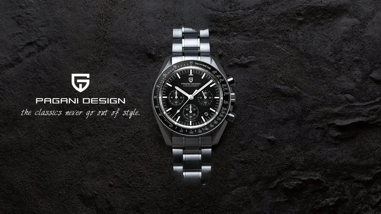 Pagani Design men's chronograph wristwatch with stainless steel bracelet, black dial, tachymeter bezel.