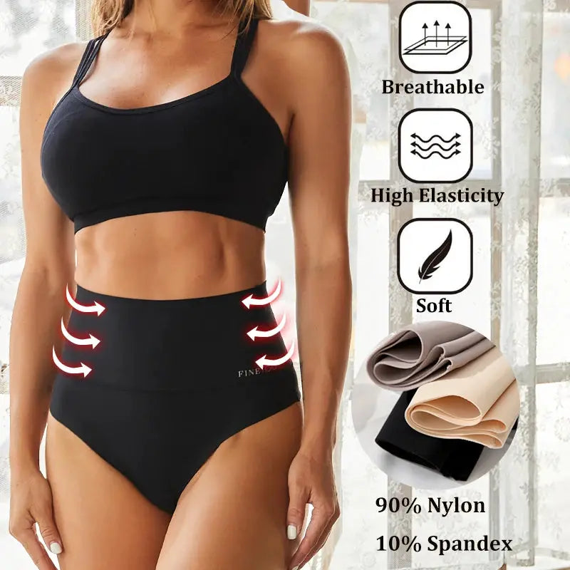 Simples Market seamless high-waist shapewear briefs for women, black, breathable nylon-spandex blend, plus size S-XL
