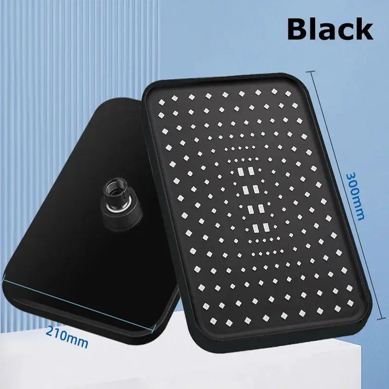 Black rectangular overhead rain shower head with square nozzles, 300mm x 210mm, 360° rotation