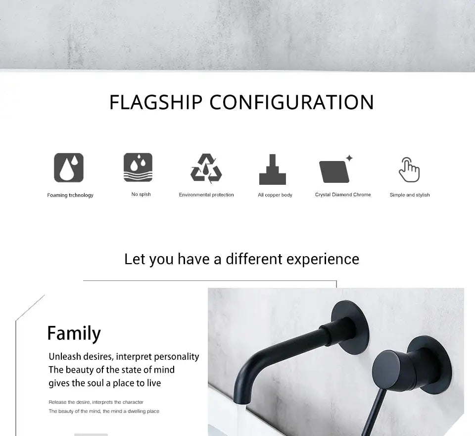 Matte black wall-mounted bathroom basin faucet with curved spout and single-handle ceramic cartridge