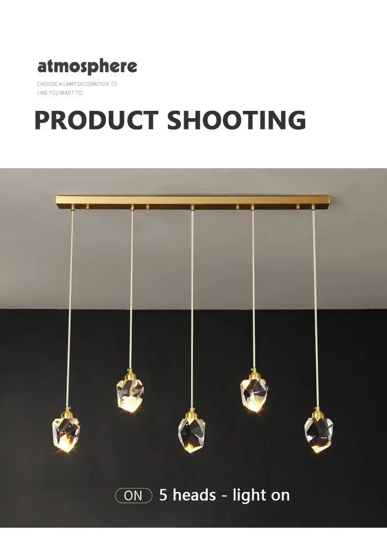 Ceiling pendant lamp set with 5 crystal pendants, gold canopy, white cords