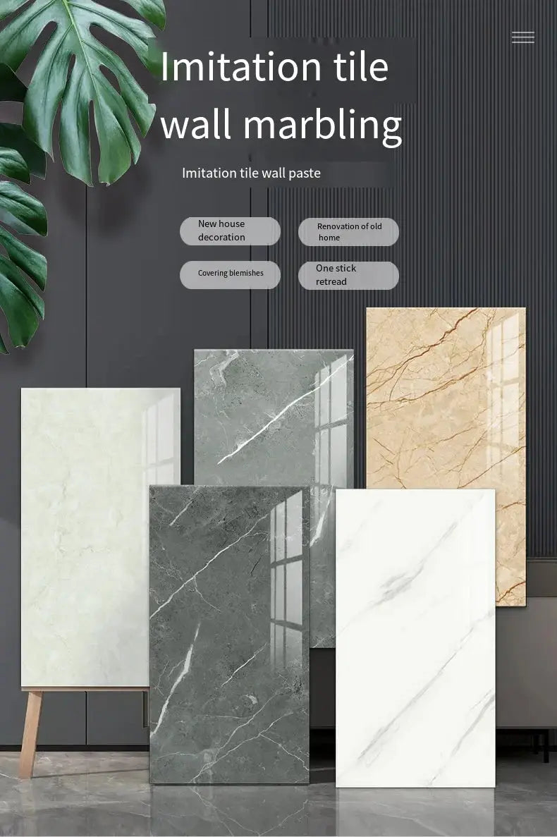 Imitation tile marble wall decor samples; 3D self-adhesive, waterproof wall tiles in beige, gray, white.