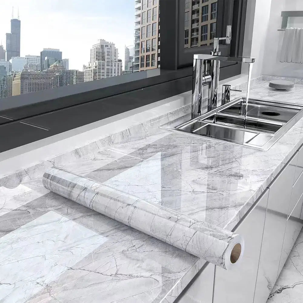 Simples Market 40cm kitchen self-adhesive wallpaper in white marble with gray veins, PVC waterproof and oil-proof roll