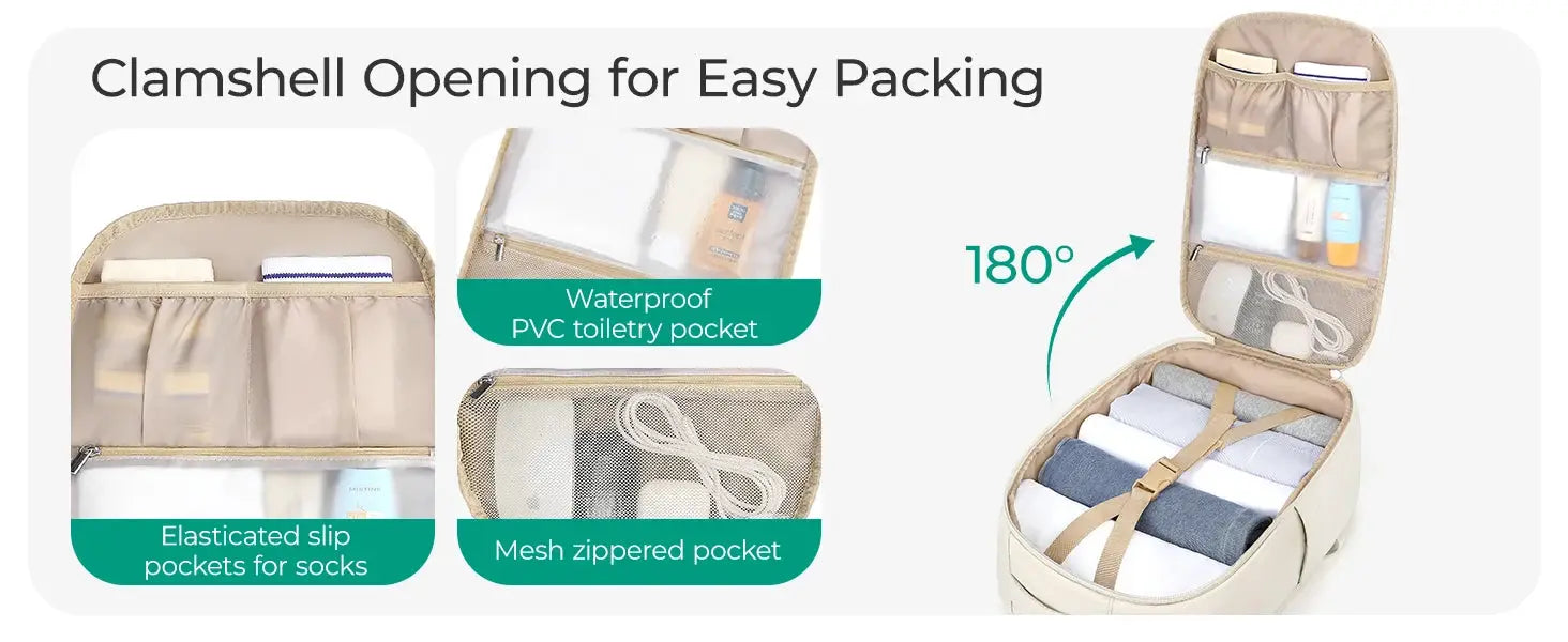 BAGSMART travel backpack, beige 30L, clamshell opening with elastic sock pockets and waterproof PVC toiletry pocket.