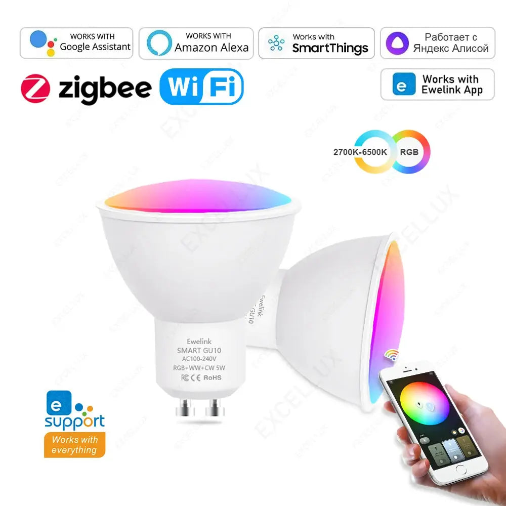 Simples Market pair of ZigBee GU10 WiFi smart LED bulbs RGB WW CW, 5W, dimmable, app-controlled