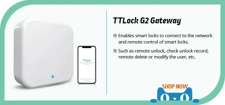 TTLock G2 gateway with white square device and a smartphone displaying the TTLock app