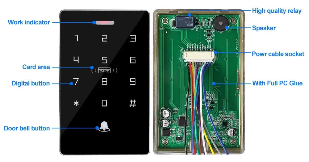 Two-piece outdoor access control keypad kit with waterproof RFID keypad and 180kg magnetic lock; front panel and PCB