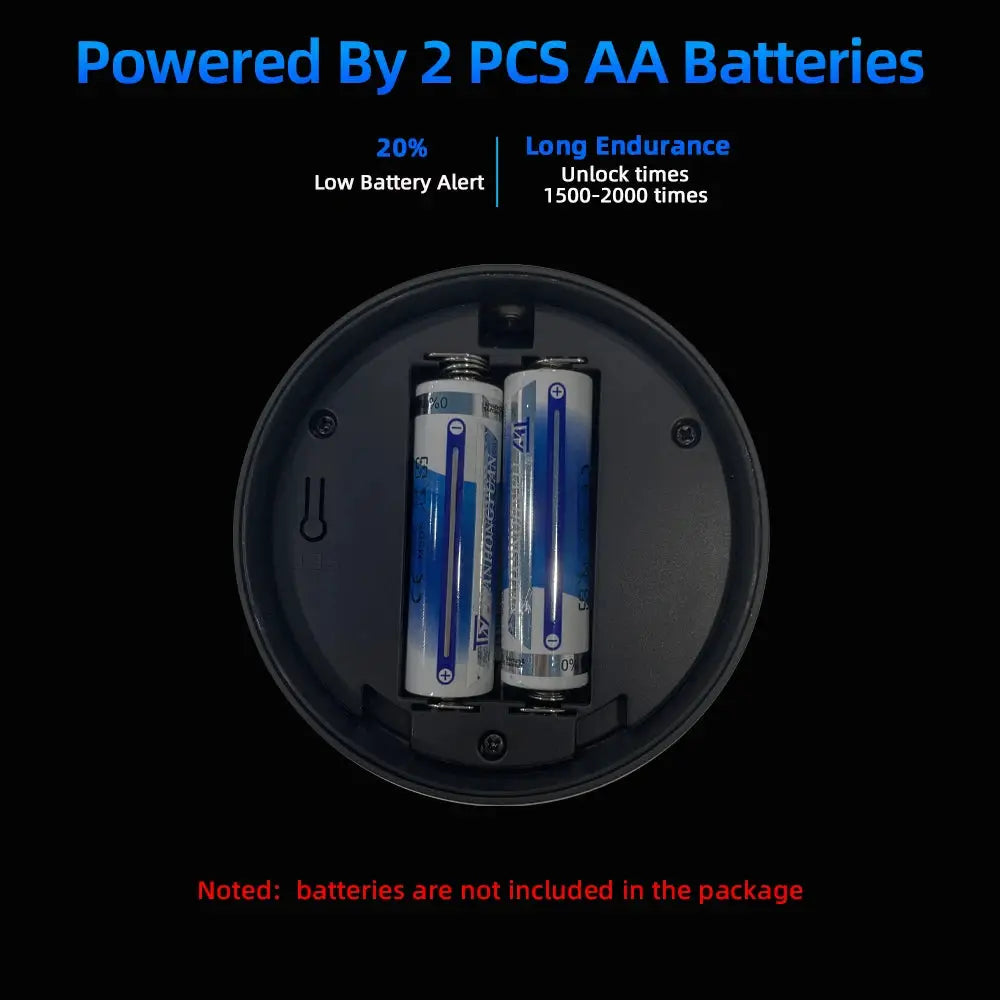RAYKUBE A1 Ultra electronic door lock interior with two AA batteries installed; batteries not included.