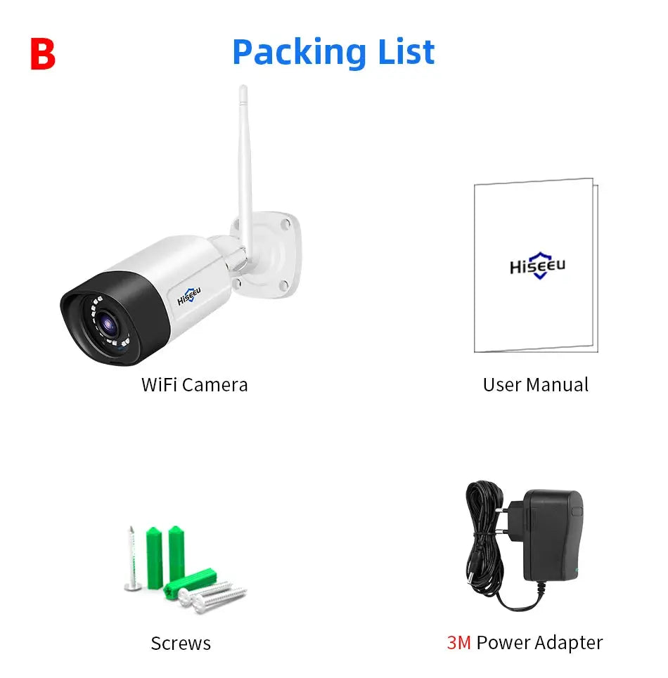 Hiseeu waterproof wireless IP camera kit: 1 camera, user manual, screws, and 3M power adapter