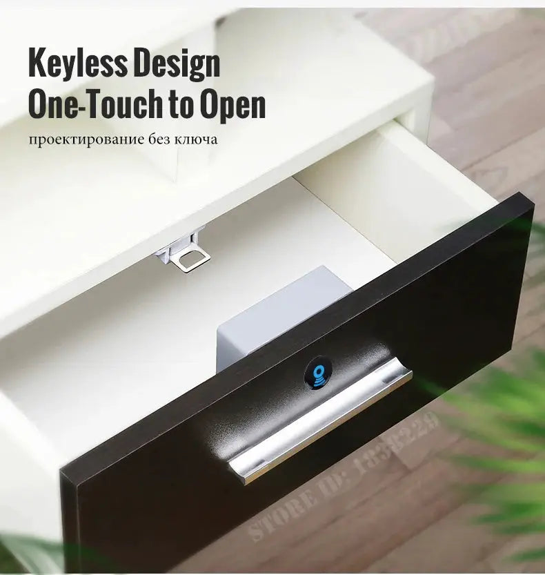 KAK RFID cabinet lock by Simples Market; keyless, one-touch sensor on a black drawer front.