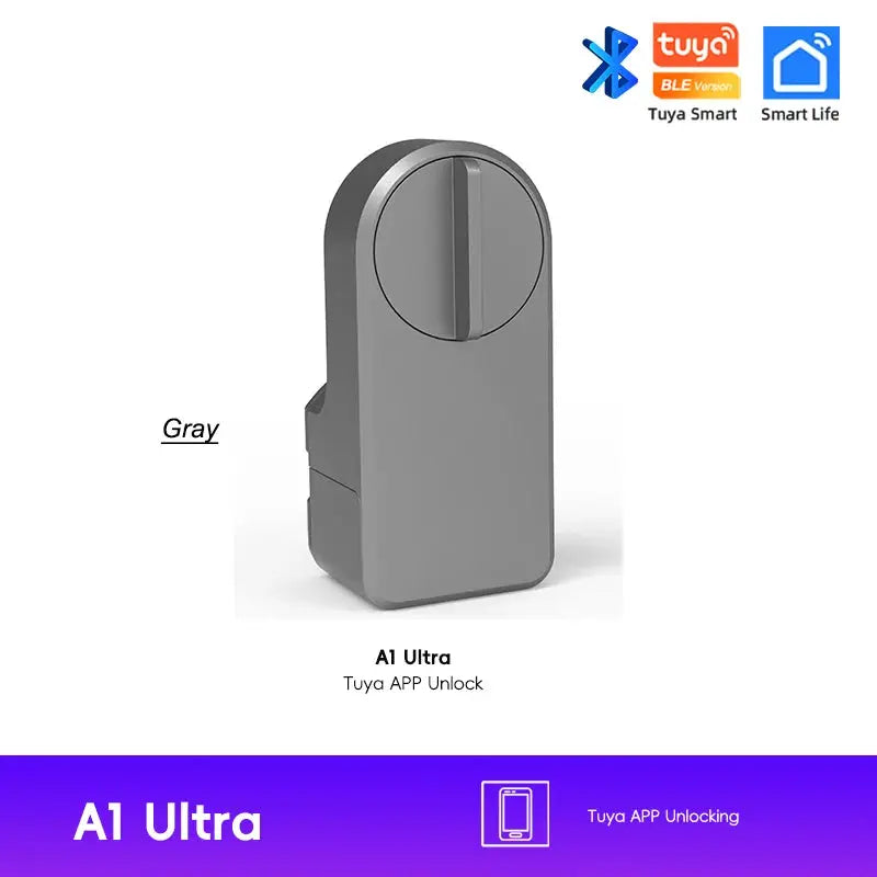 A1 Ultra gray smart door lock with fingerprint keypad, Tuya BLE-enabled, no-dig installation — Simples Market