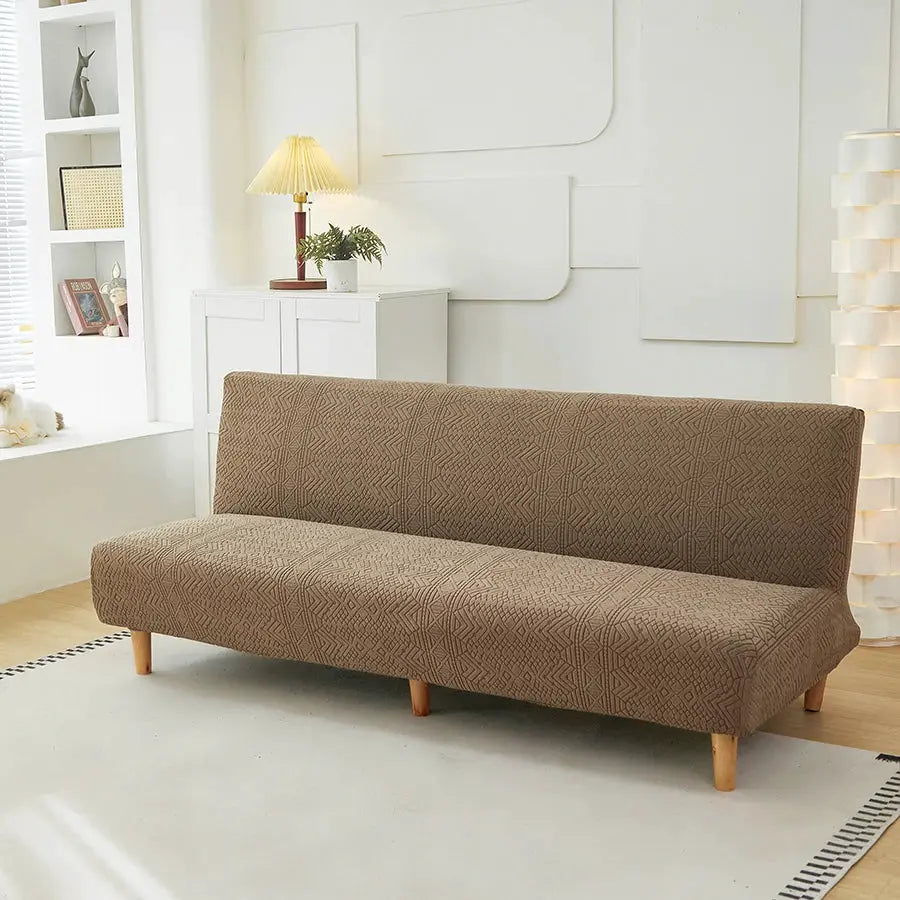 Sofa Bed Cover by Simples Market in brown jacquard with geometric pattern; easy-stretch futon protector.
