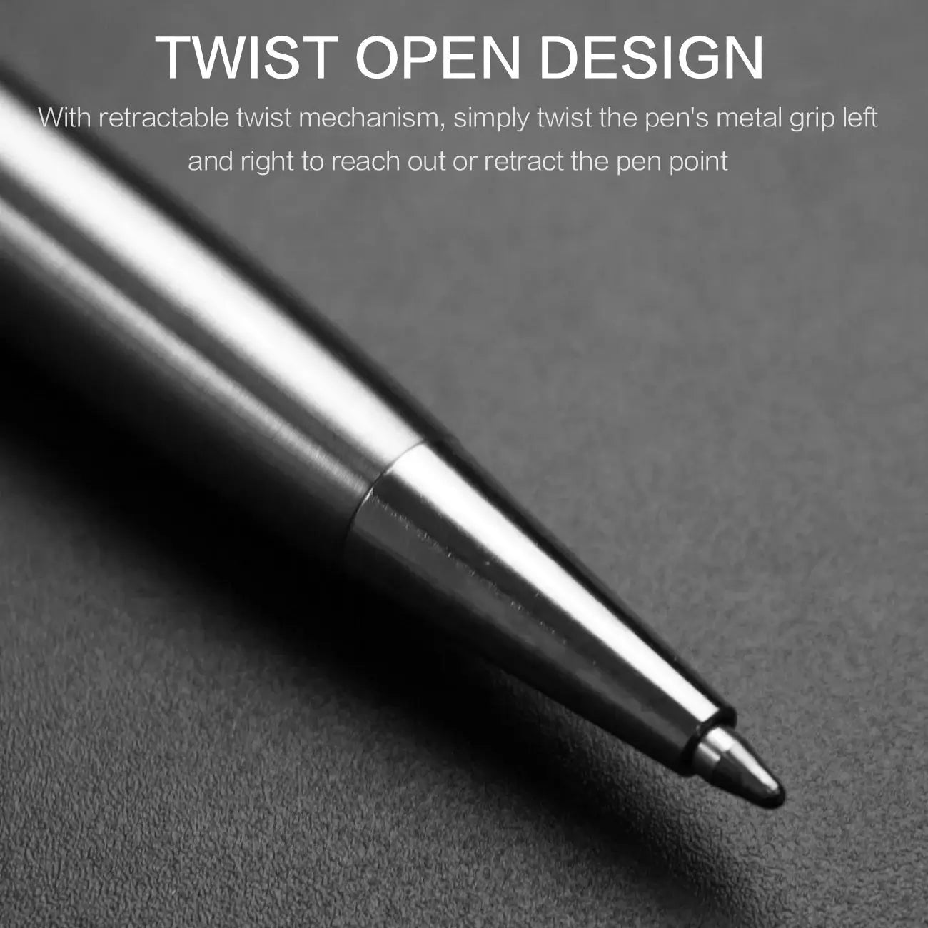 Ballpoint pen with metal housing in black finish and retractable tip close-up