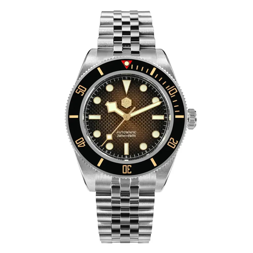 San Martin BB Diver watch, 40mm stainless steel case & bracelet, black bezel, gold-tone hands, automatic