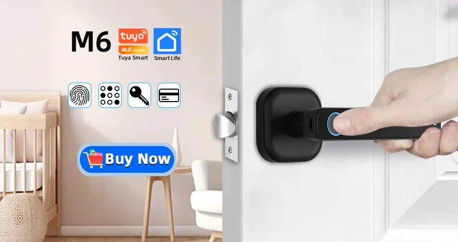 RAYKUBE M5 Tuya BLE fingerprint door lock by Simples Market with password, key, IC card, and Tuya Smart Life unlock