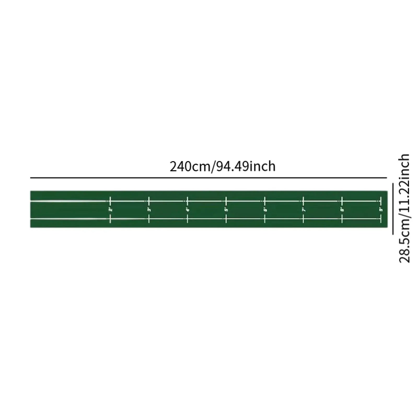 Golf putting mat diagram showing a green training strip with centimeter marks, 240 cm long.