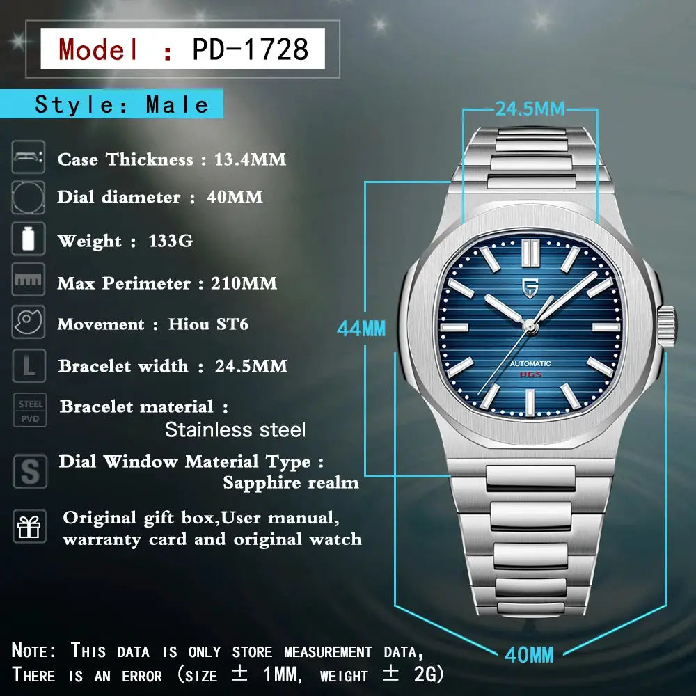 Pagani Design 40mm men's automatic stainless steel watch with blue dial and sapphire glass