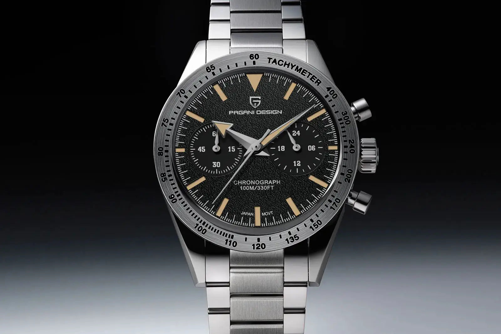 Pagani Design men's stainless steel chronograph watch with tachymeter bezel, black textured dial, and steel bracelet.
