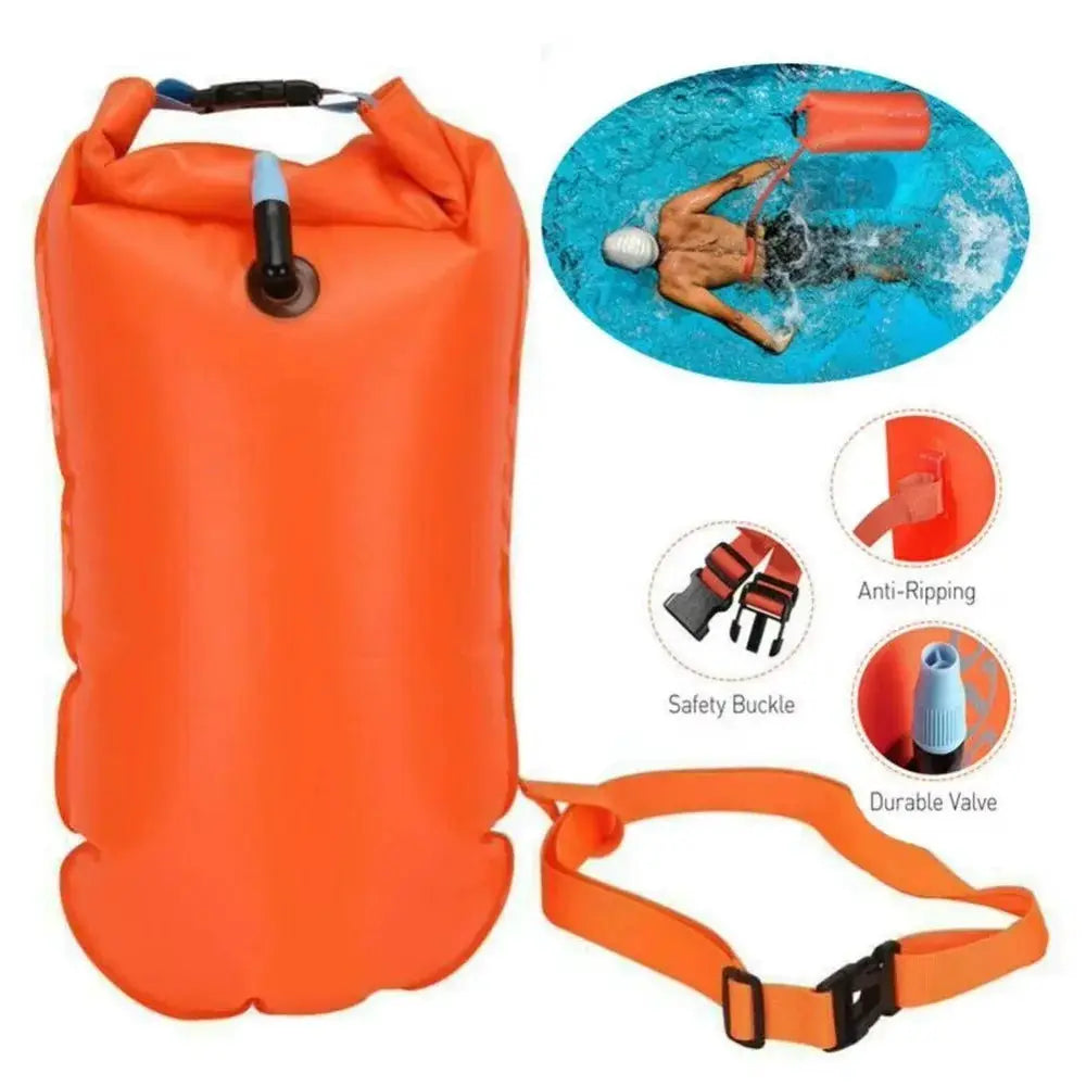 Inflatable Open Water Swimming Buoy Tow Float Dry Bag With Double Air Chambers And Adjustable Waist Belt