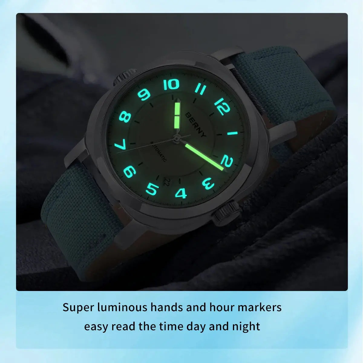 BERNY women's mechanical self-wind watch with teal fabric strap and luminous green numerals