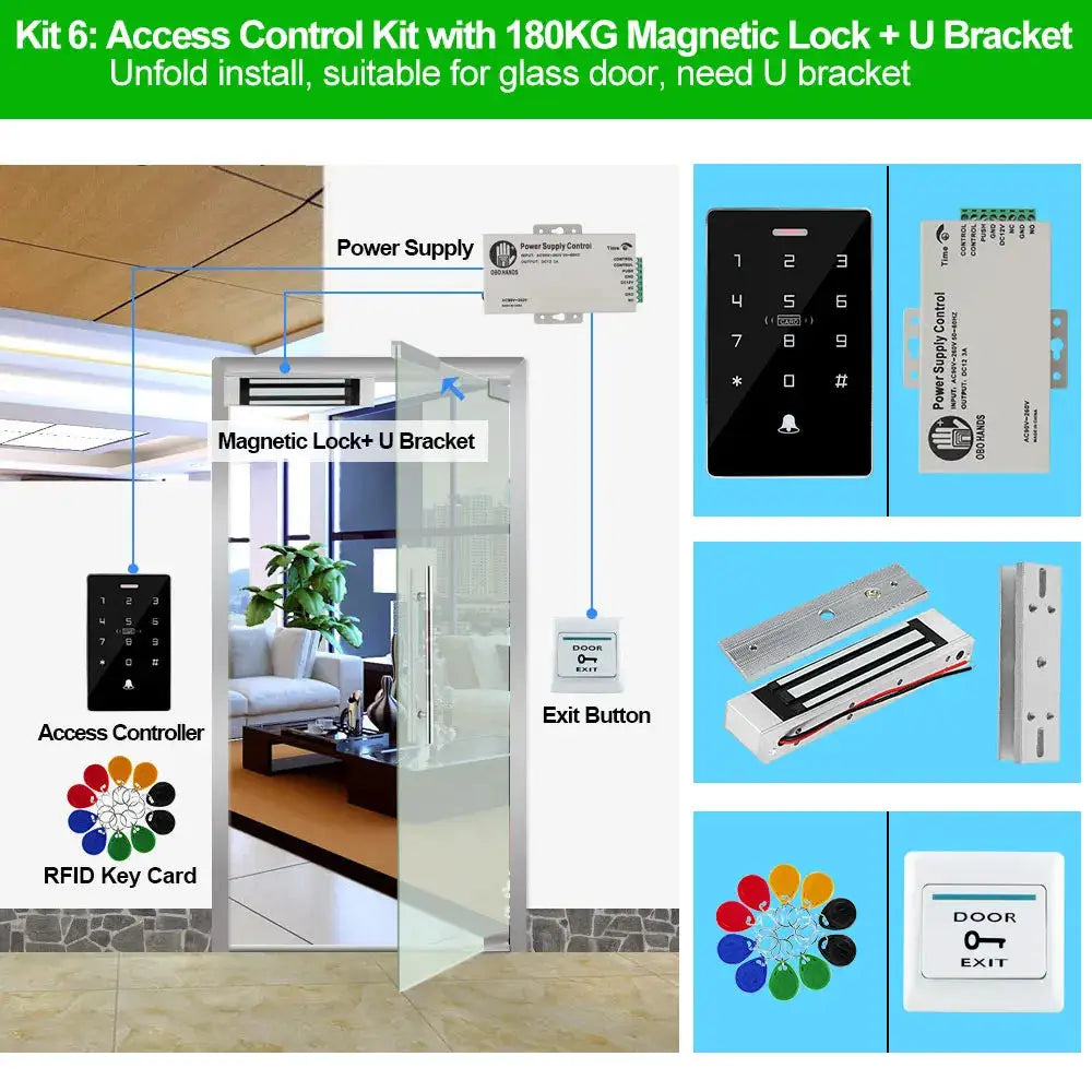 Simples Market Outdoor Access Control Kit with 180KG magnetic lock, keypad, RFID cards, power supply, exit button