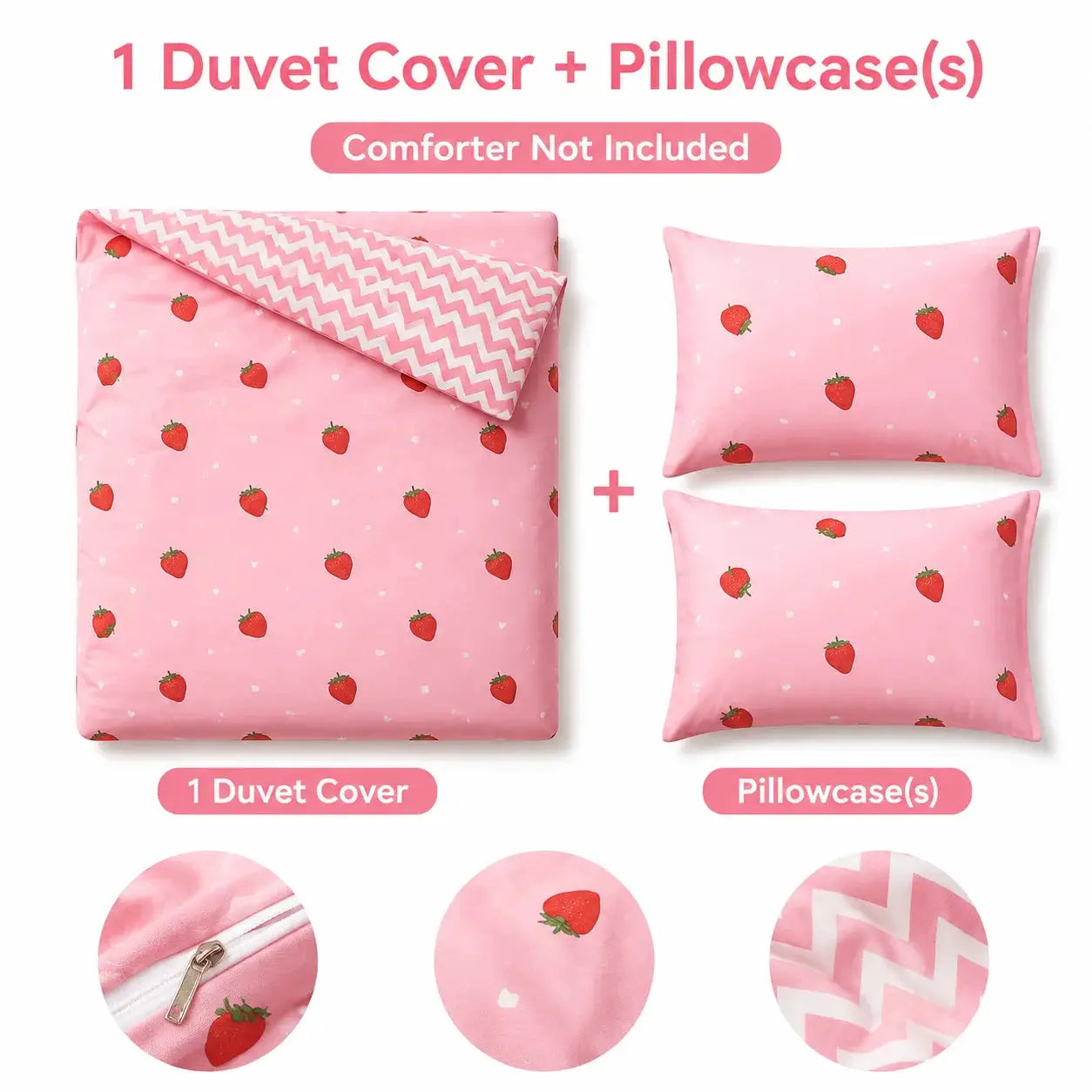 Duvet cover set in pink strawberry pattern with 2 pillowcases by Simples Market