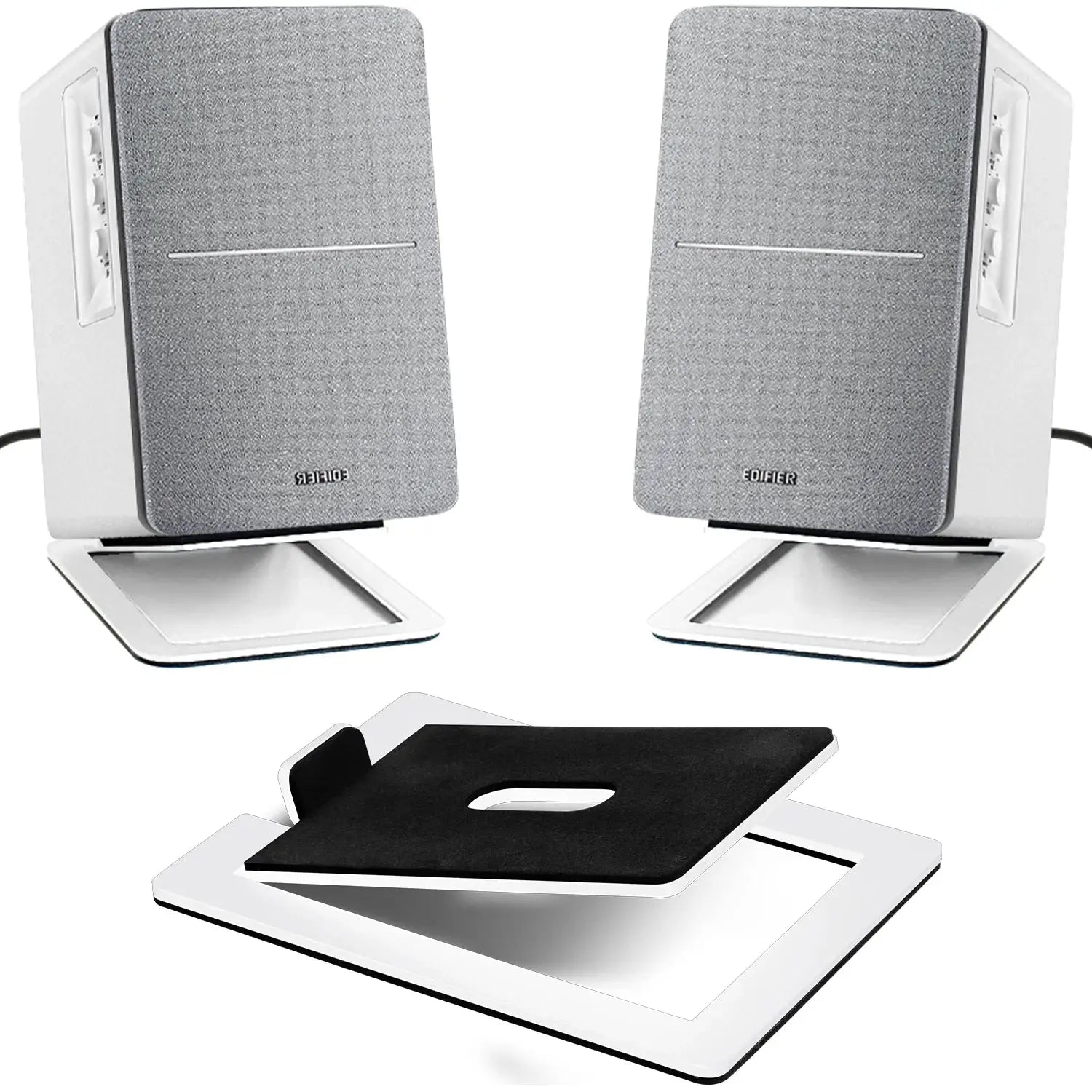 Pair of Simples Market tabletop speaker stands with carbon steel bases, shock-absorbing design, gray fabric fronts