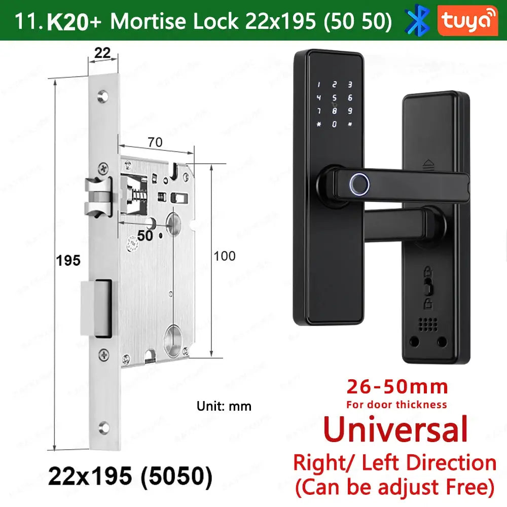 RAYKUBE K20 biometric black door lock with keypad and fingerprint; Tuya app compatible, IC card, password or key unlock.