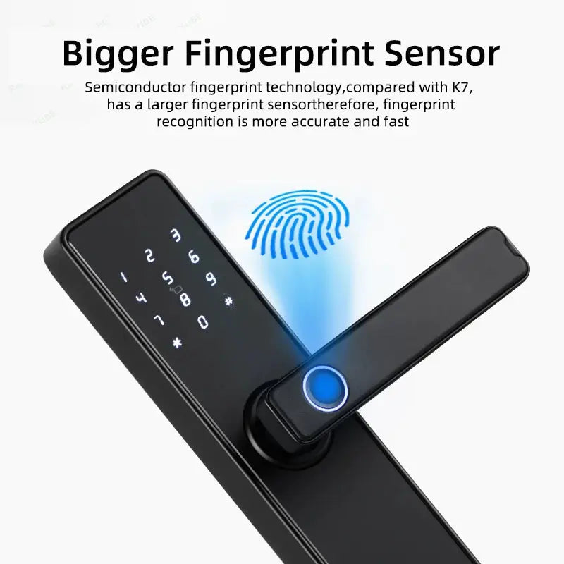 RAYKUBE K20 biometric smart door lock by Simples Market, black finish; fingerprint sensor, keypad, supports App/Card