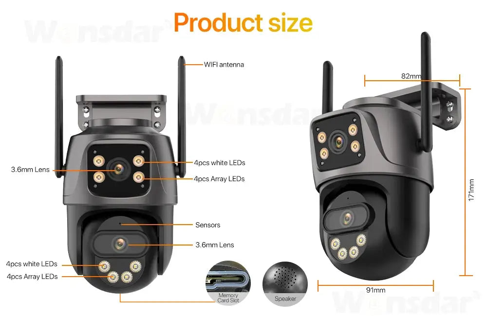 Outdoor black 4K dual-lens wifi IP camera with PTZ, AI human detection, IP66 waterproof.
