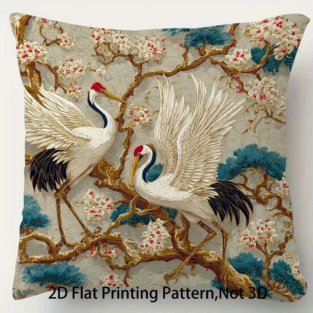Bohemian blue and white floral pillowcase, decorative cushion cover featuring two cranes
