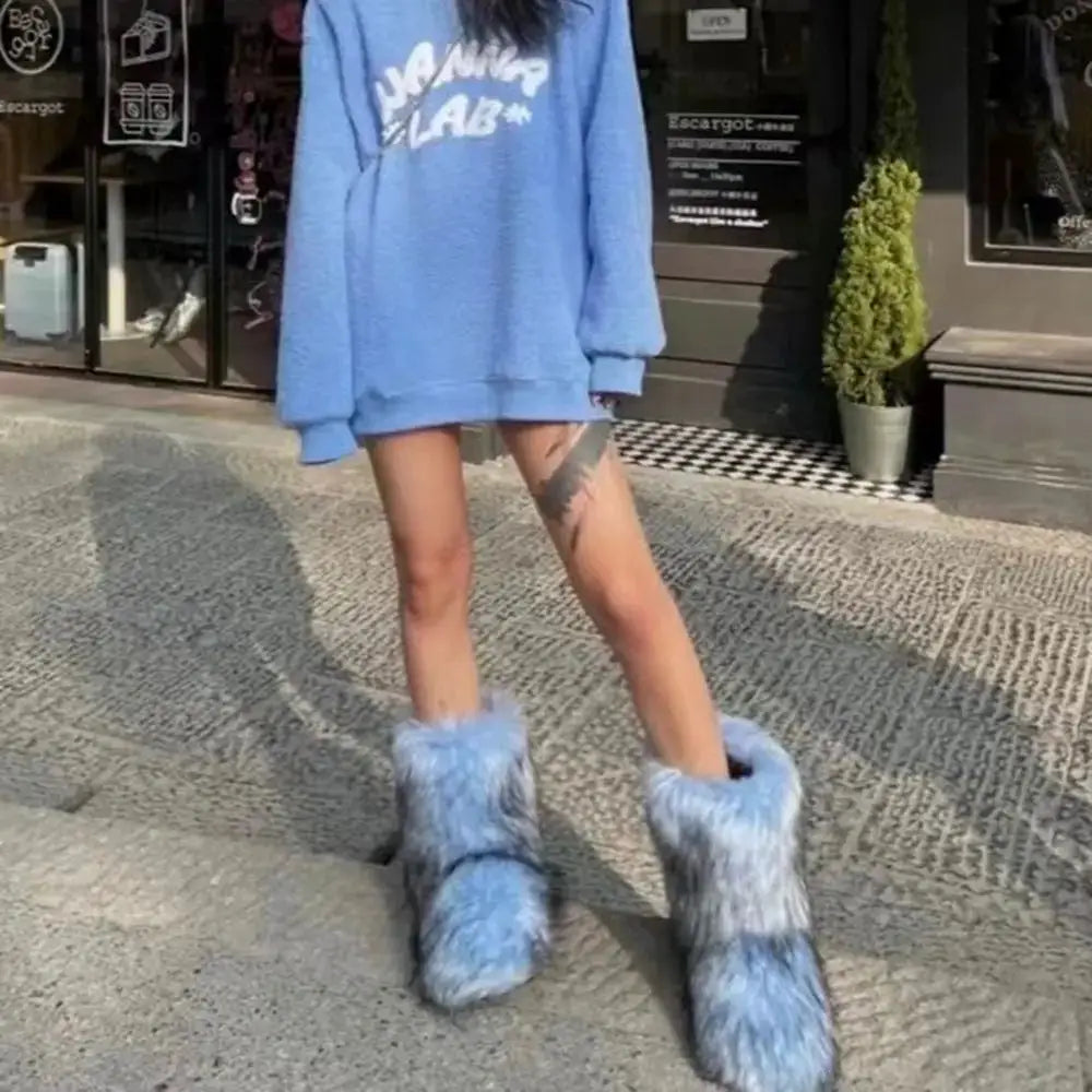 Women's Winter Snow Boots With Plush Faux Fox Fur Mid Calf Warm Platform Shoes For Cold Weather Outdoor
