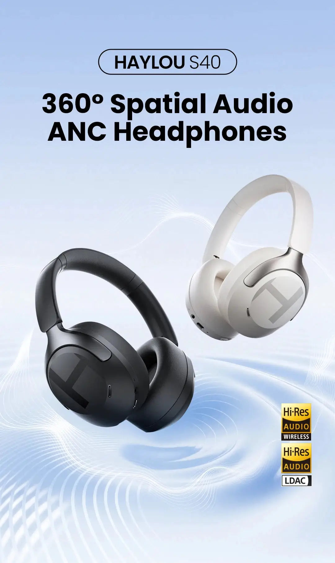 HAYLOU S40 ANC wireless over-ear headphones, black and white, with Hi-Res LDAC badges (2 headphones)