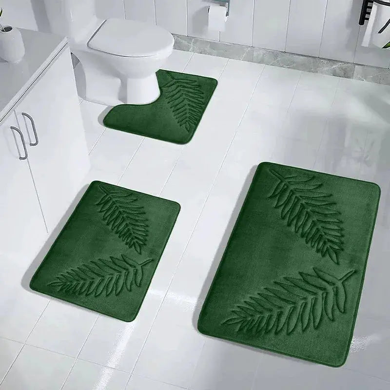 3-Piece Memory Foam Bathroom Mat Set by Simples Market; green leaf-pattern bath rugs for toilet, tub, and floor.