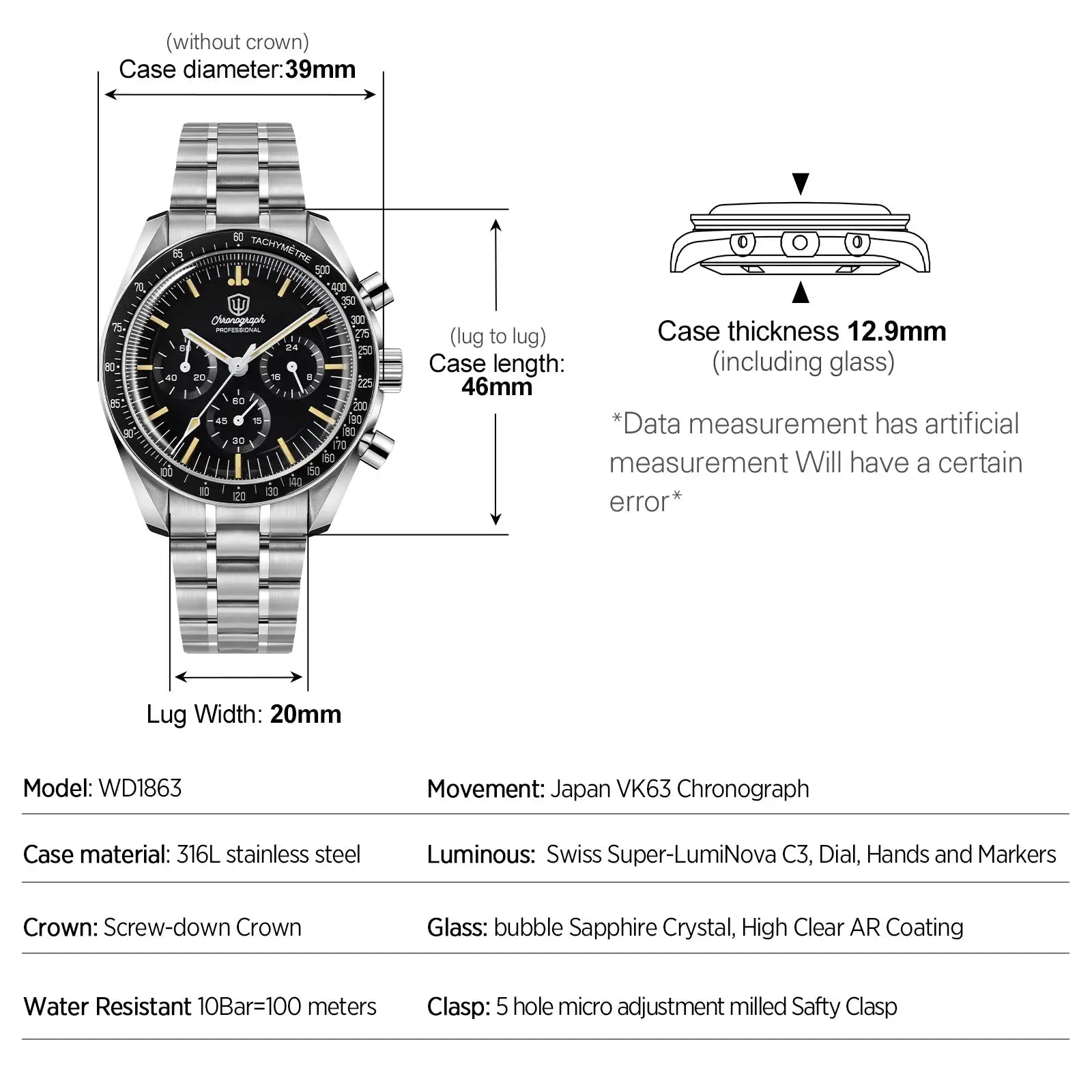 Watch WD1863 chronograph with stainless steel case and bracelet, black dial, tachymeter bezel