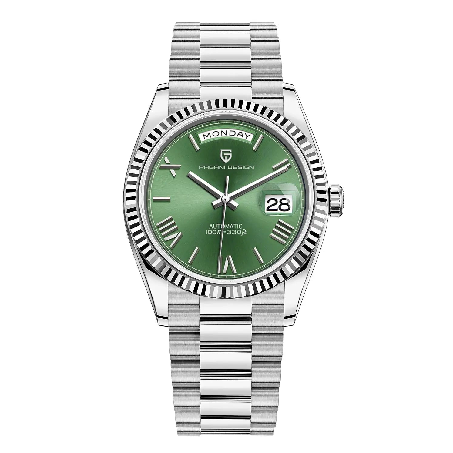 Pagani Design men's automatic watch with green dial, stainless steel bracelet, day-date display