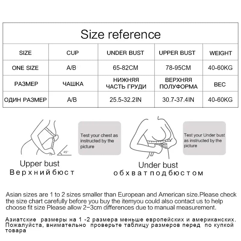 Bra size reference chart for Simples Market lace bralette, one size A/B cup; under bust 65-82 cm, upper bust 78-95 cm.