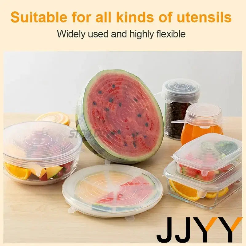 Silicone stretch lids set by Simples Market; reusable clear round and square food covers for bowls, pots and containers