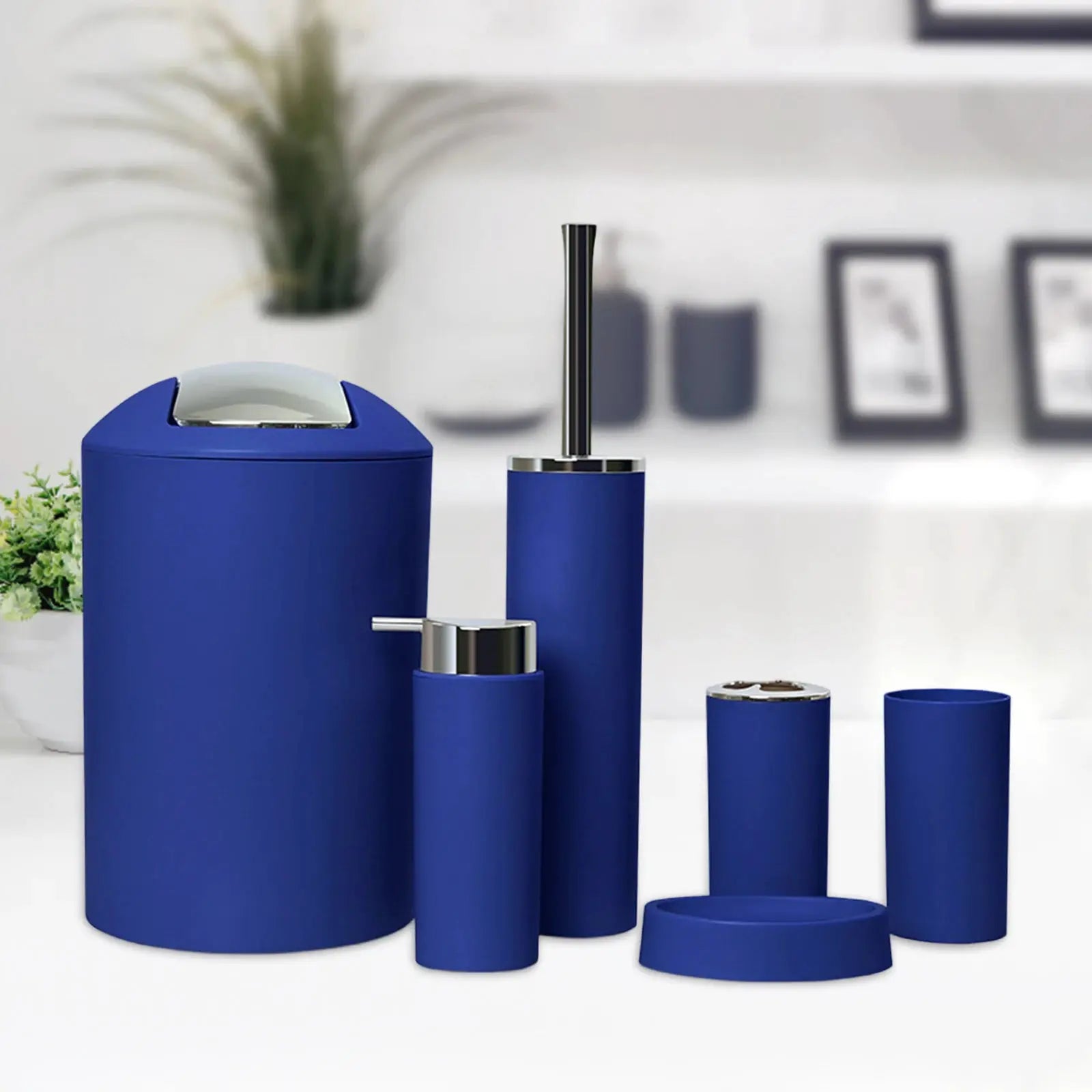 Simples Market 6-piece blue plastic bathroom accessories set with chrome accents including soap dish, trash can and toilet brush holder