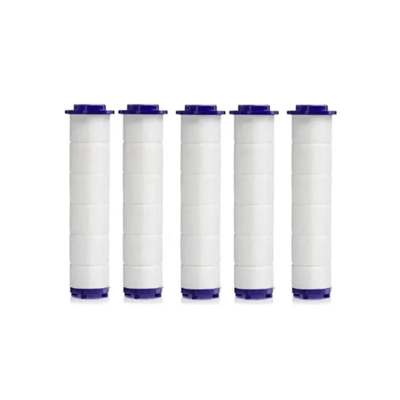 Shower filter cartridges, white cylindrical filters with purple ends, 5-pack by Simples Market.