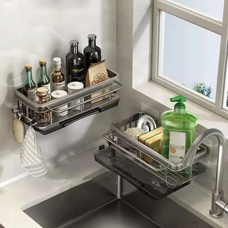 Multifunctional wall-mounted kitchen rack by Simples Market; two stainless steel racks for spices and sink storage