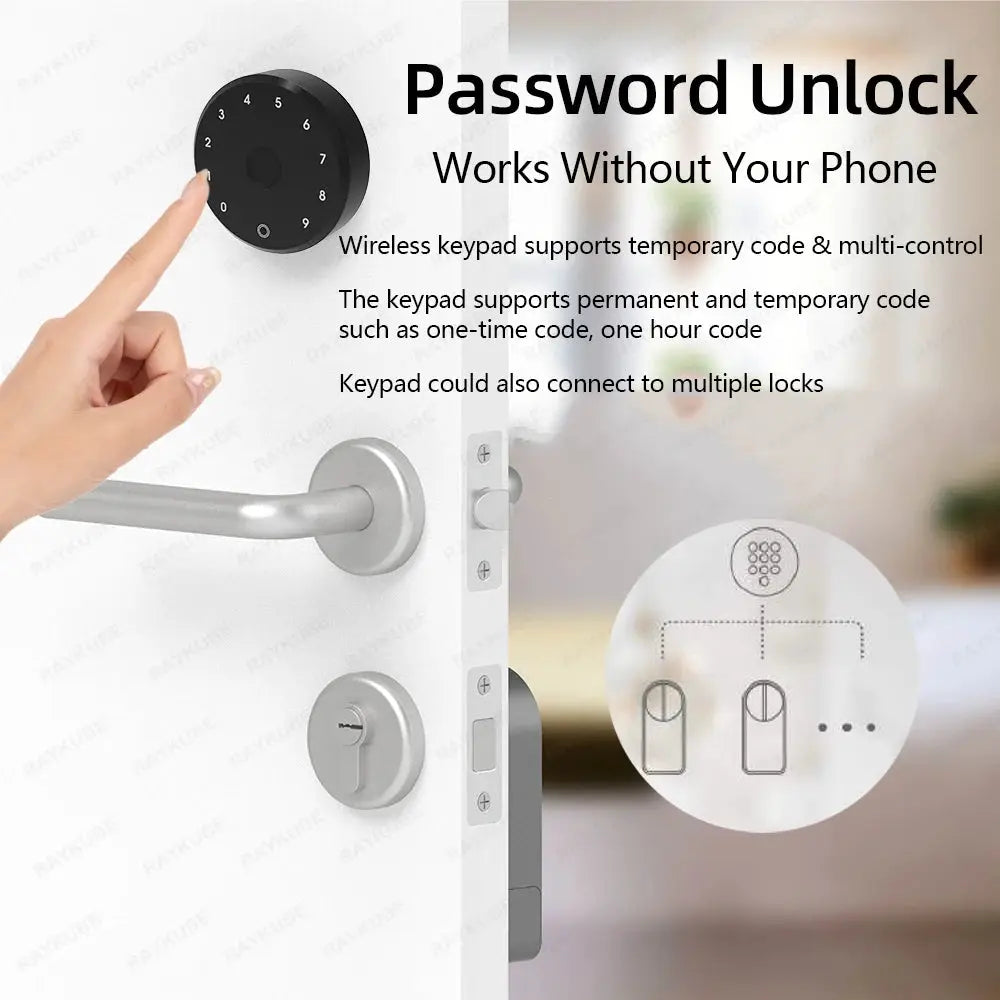 RAYKUBE A1 Ultra smart door lock with black circular keypad and silver door handle.