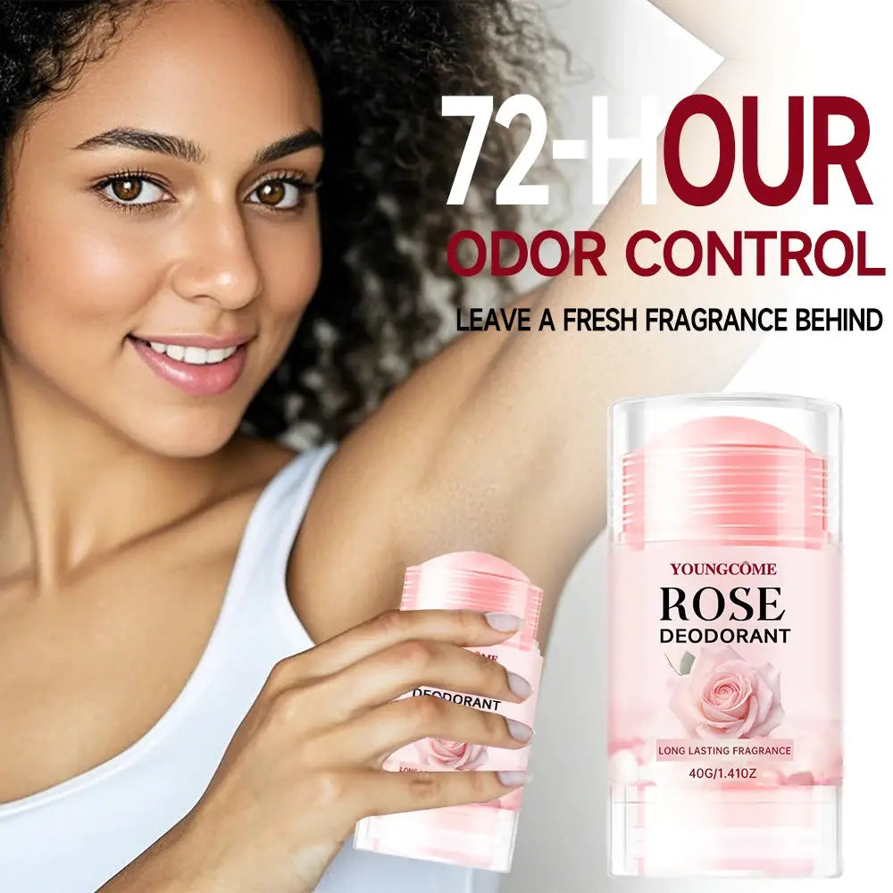 YoungCome Rose deodorant bottle and pink deodorant stick, two-piece set.