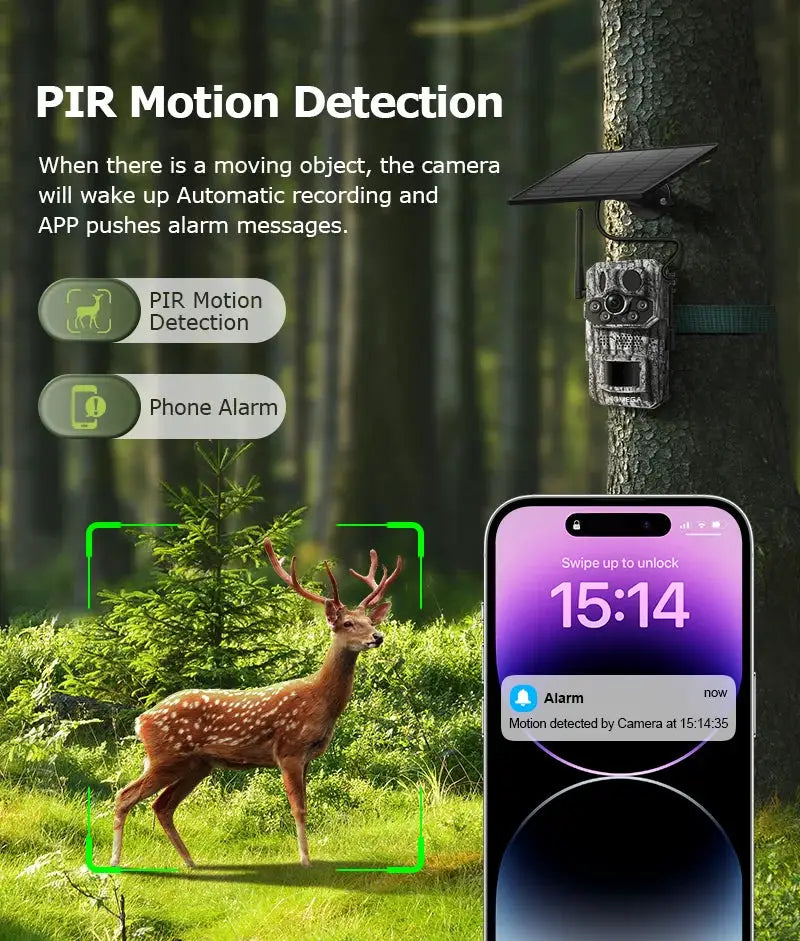 INQMEGA4G 2K 5MP PIR trail camera with camouflage finish and solar panel in forest, deer in frame